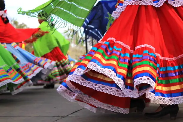 Una falda tradicional mexicana ondea en pleno movimiento, capturada mientras una bailarina realiza un baile folclórico